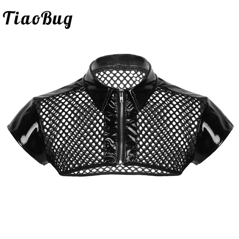 Tiaobug Mens Mesh Fishnet See Through Patent Leather Splice Harness