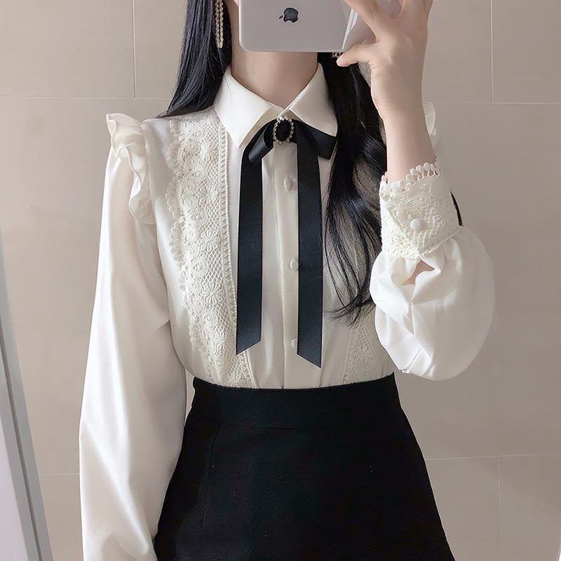 Sweet Lace Shirt Women S Spring Style Long Sleeve Bowknot Chiffon Shirt