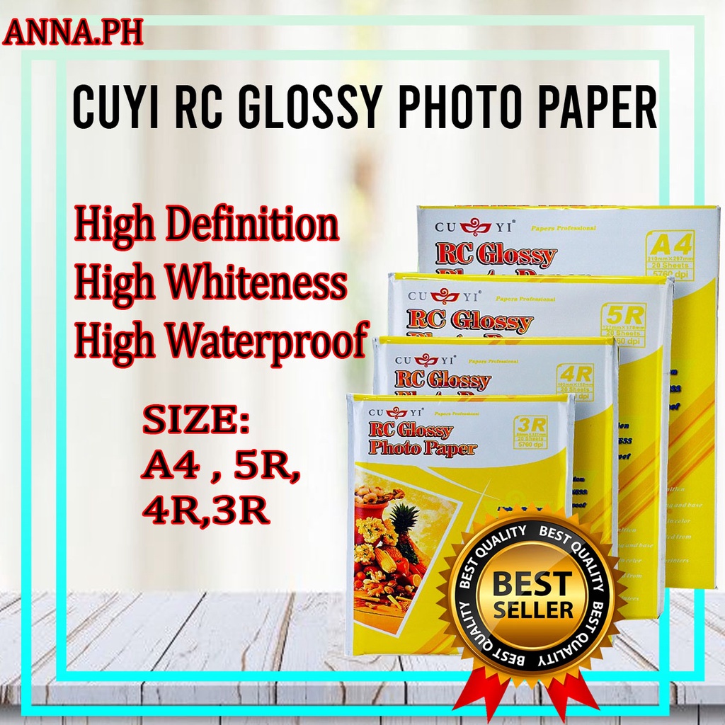 3R 4R 5R A4 Size CUYI RC High Glossy Photo Paper 260GSM 20Sheets