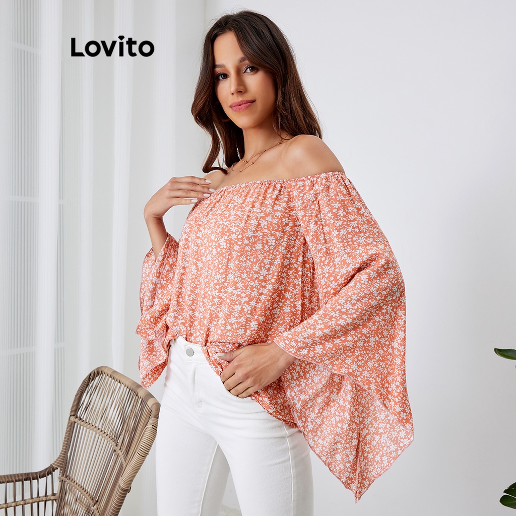 Lovito Boho Floral Off Shoulder Flounce Sleeve Blouses L Ld Pink