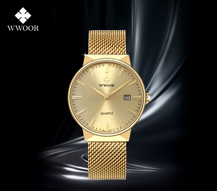 Wwoor Gold Watch Men Top Brand Famous Male Clock Steel Mesh Waterproof