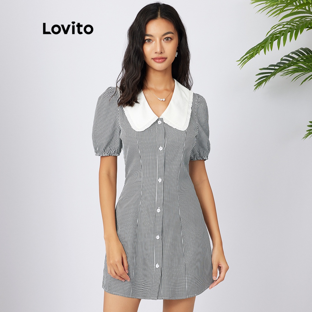 Lovito Preppy Gingham Button Puff Sleeves Peter Pan Collar Dress