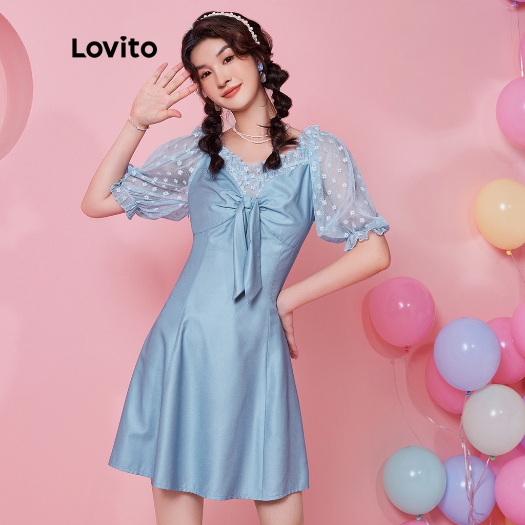 Lovito Exclusive Dopamine Girls Preppy Plain Kont Contrast Mesh Puff