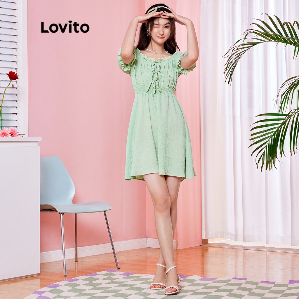 Lovito Exclusive Dopamine Girls Casual Plain Puff Sleeve Lace Up