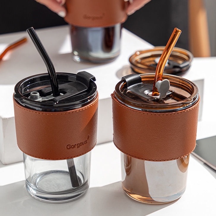 Glass Cup With Straw Coffee Cup Tumbler Anti Scalding Leather Case