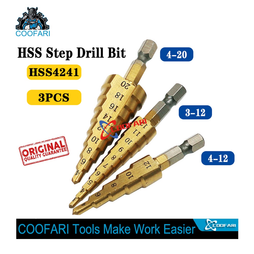 3 Pcs HSS Titanium Coated Step Universal Drill Bit Set 4 12 4 20 3 12