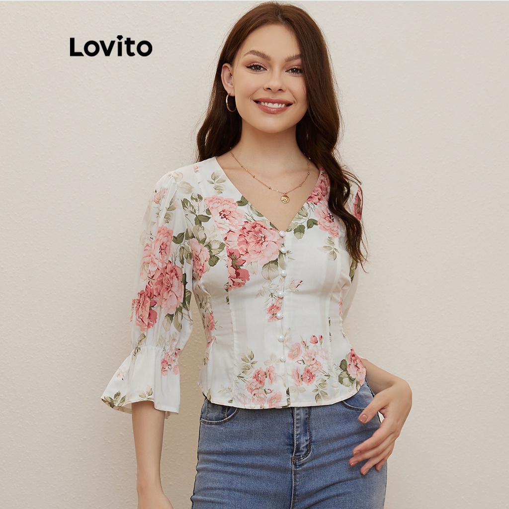 Lovito Floral V Neck Flounce Sleeve Button Blouses For Women L20D016