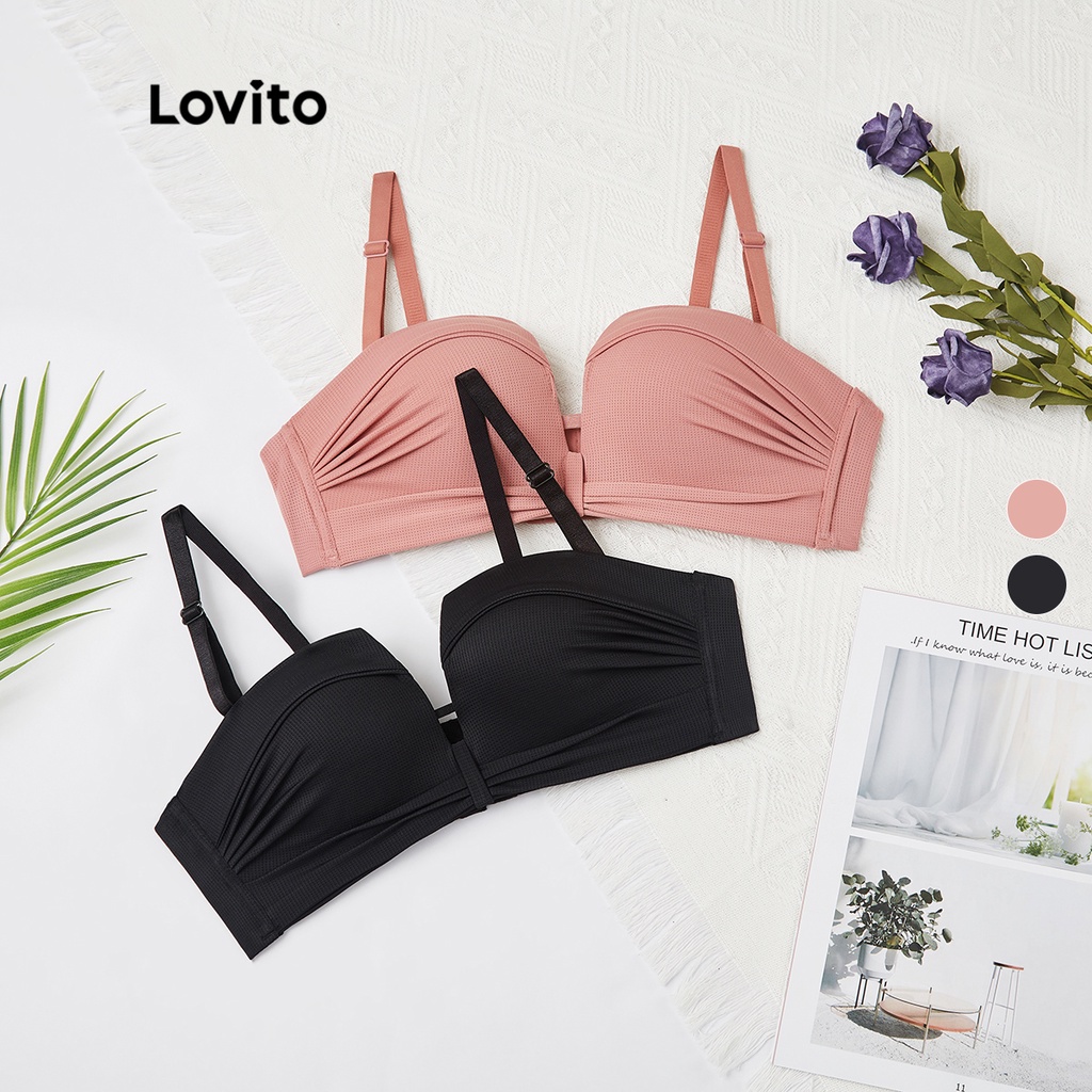 Lovito Sexy Plain Wireless Push Up Deep V Neck Bras With Non Removable