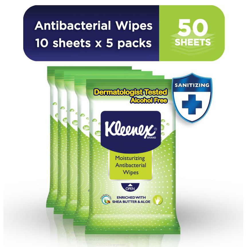 Kleenex Moisturizing Antibacterial Wipes 10 Sheets X 5 Packs 50 Pcs