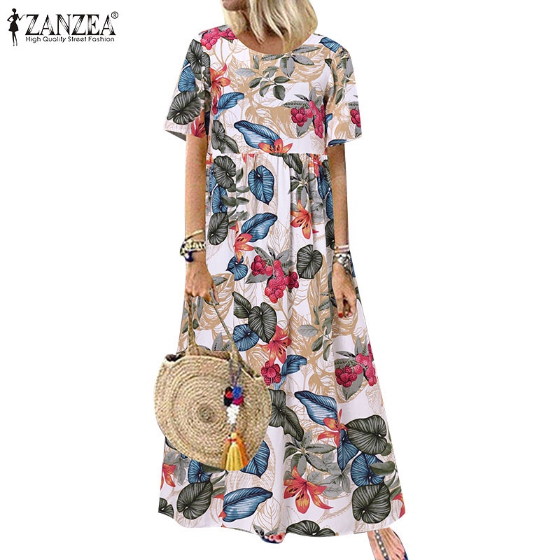 Zanzea Women Casual Loose Short Sleeve Retro Print Long Dress Shopee