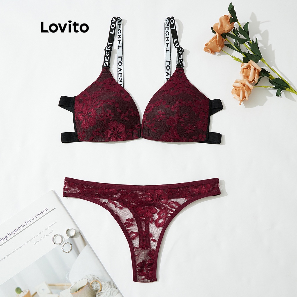 Lovito Sexy Plain Lace Letter 3 4 Coverage No Pads Bralette Panty Set