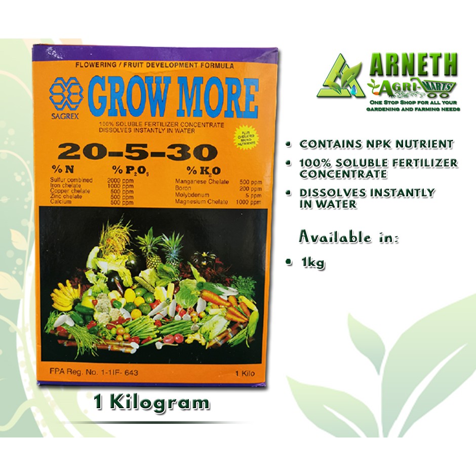 GROW MORE 20 5 30 WATER SOLUBLE CONCENTRATE FOLIAR FOR PLANTS 1KG BOX