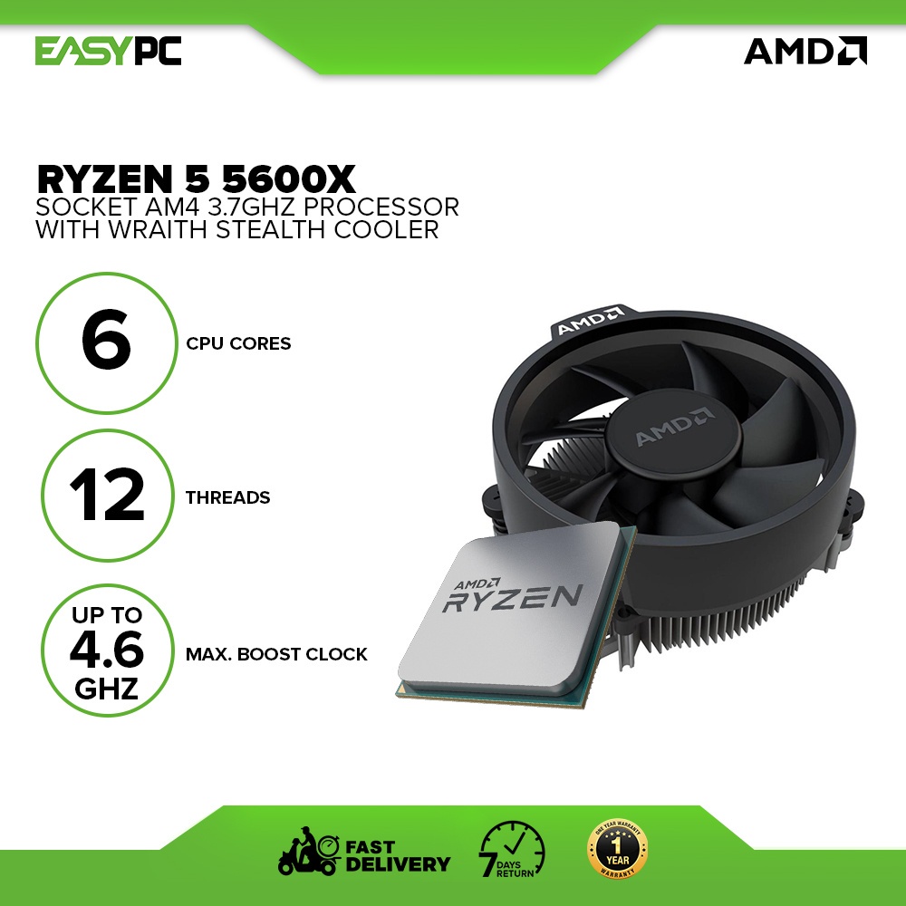 EasyPC AMD Ryzen 5 5600X Socket AM4 3 7GHz With Wraith Stealth Cooler