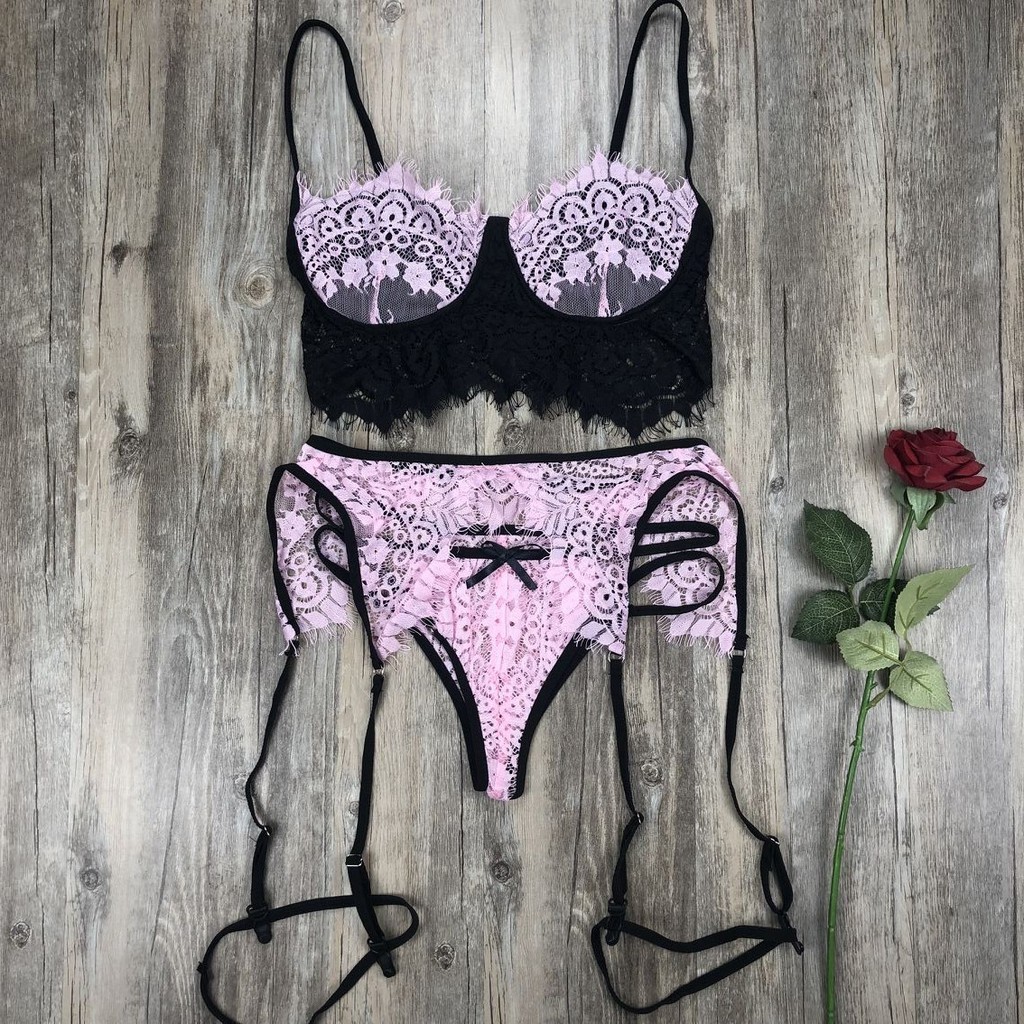 Yimunancy 3Piece Lace Bra Set Women Fashion Bandage Panty Lingerie Set