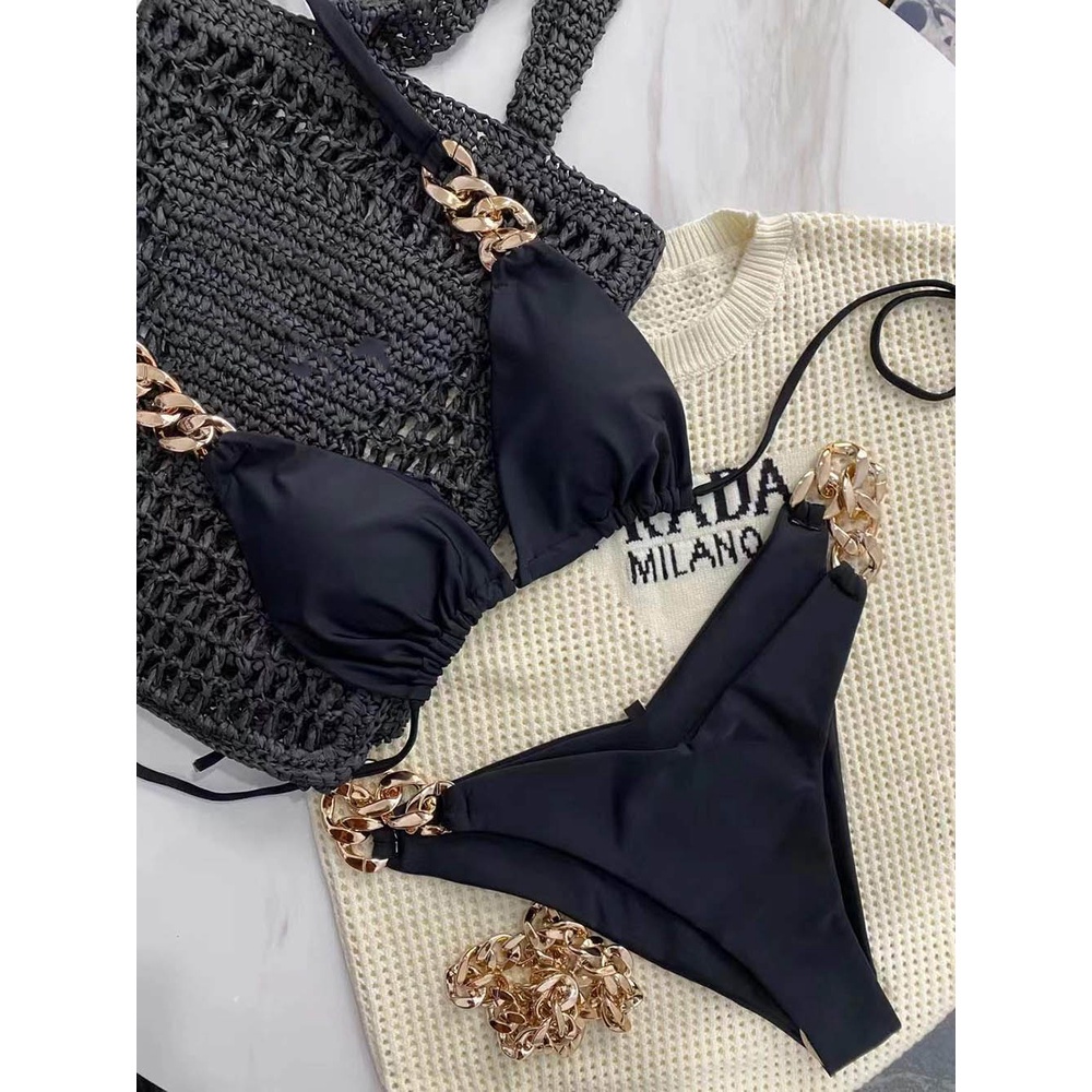Luxurious Design Two Piece Bikini Swimsuit With Breast Augmentation Metal Chain Women