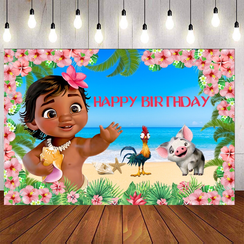 Baby Moana Birthday Backdrop Cartoon Characters Flowers Blue Sea