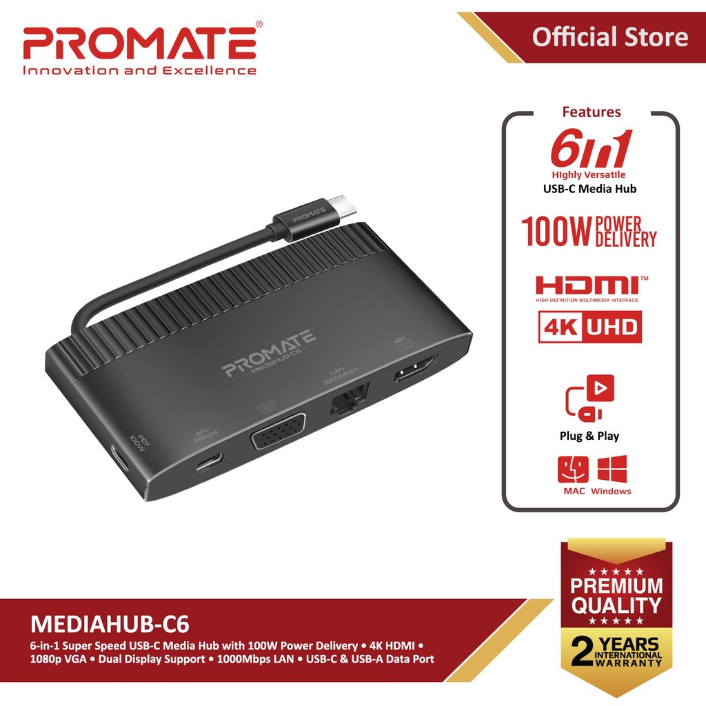 Promate Mediahub C6 6 In 1 Highly Versatile USB C Media Hub With 100W