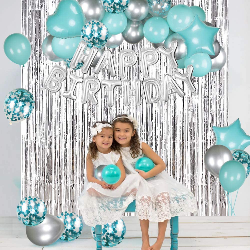 Kiena Turquoise Birthday Party Decorations Set With Silver Happy