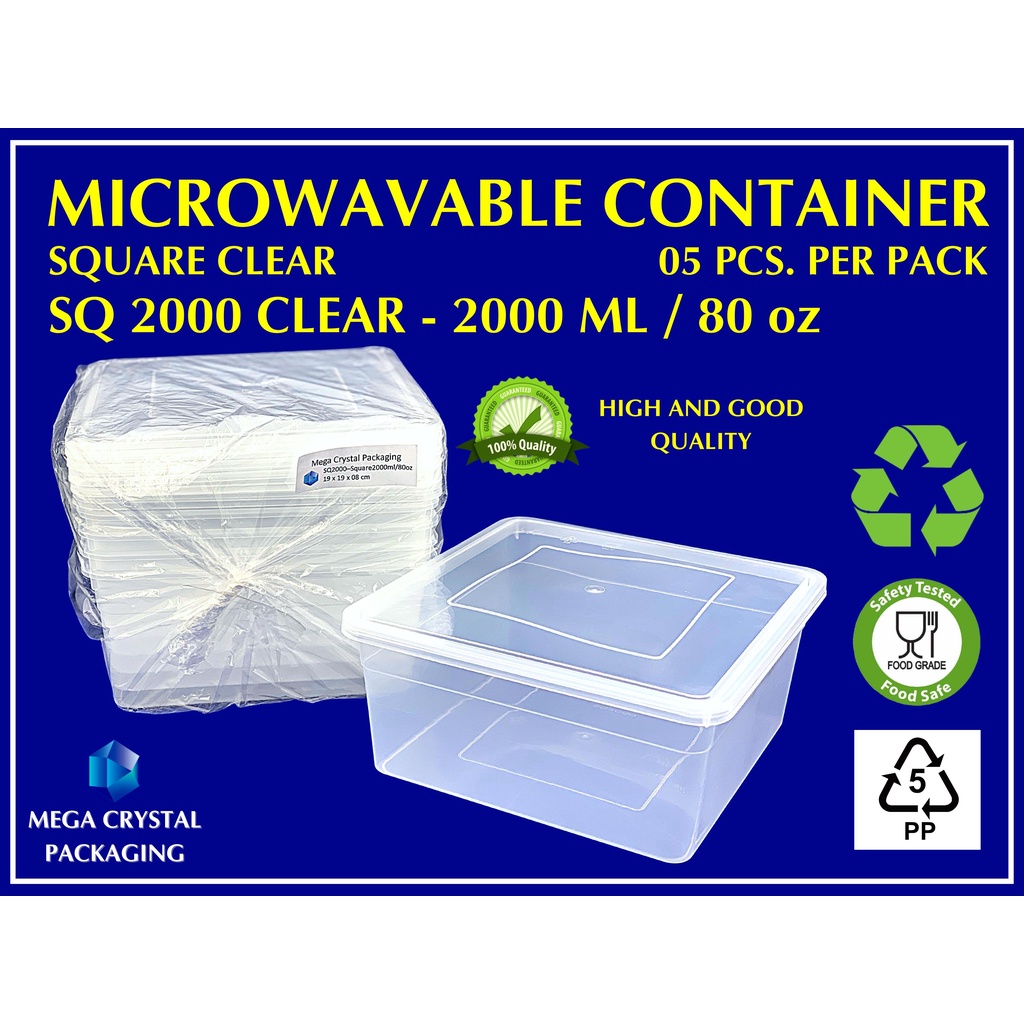 Microwavable Container SQ 2000 Square 2000 Ml 80 Oz 5 Pcs Per