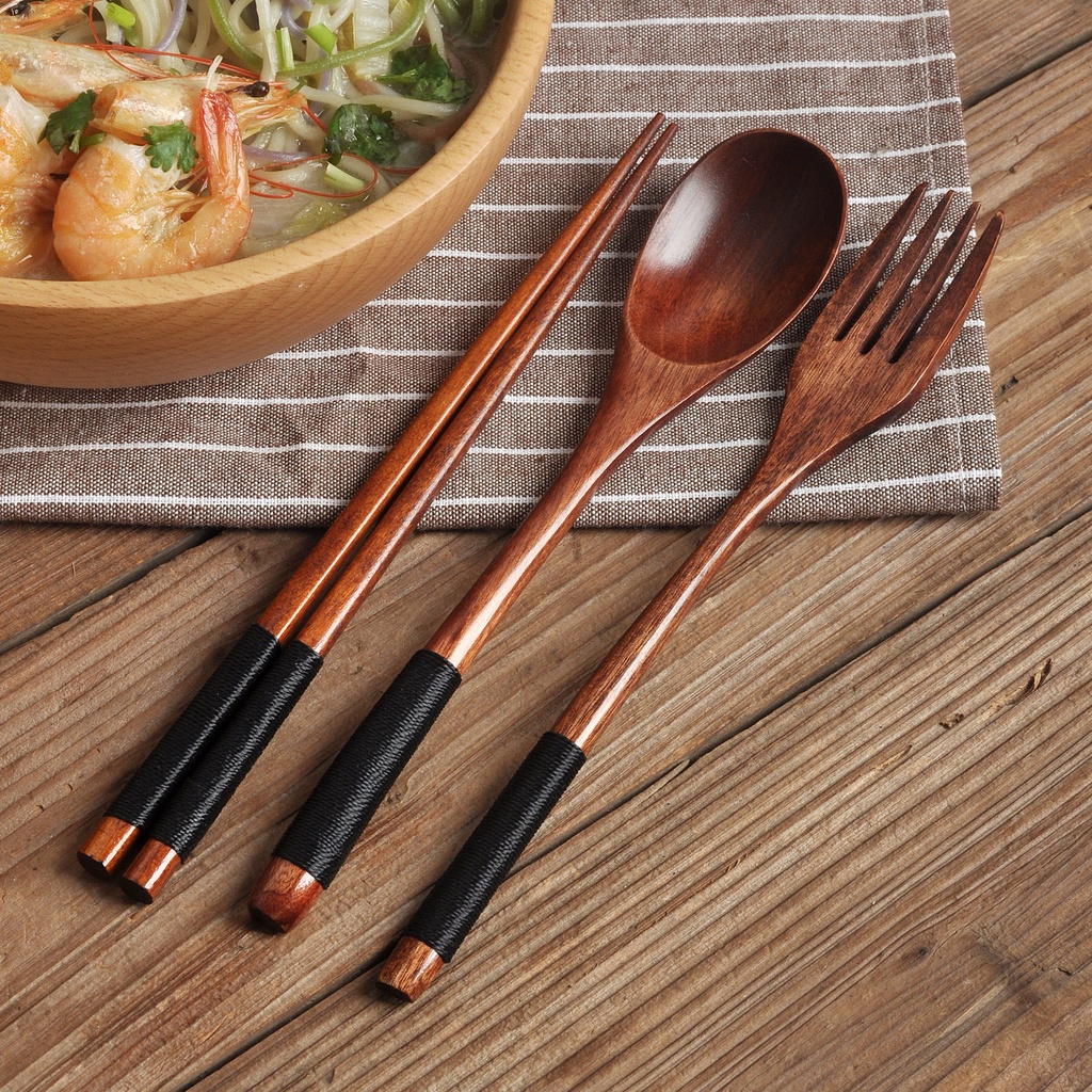 COD 3 Piece Set Korean Wooden Tableware Fork Spoon Chopsticks Solid