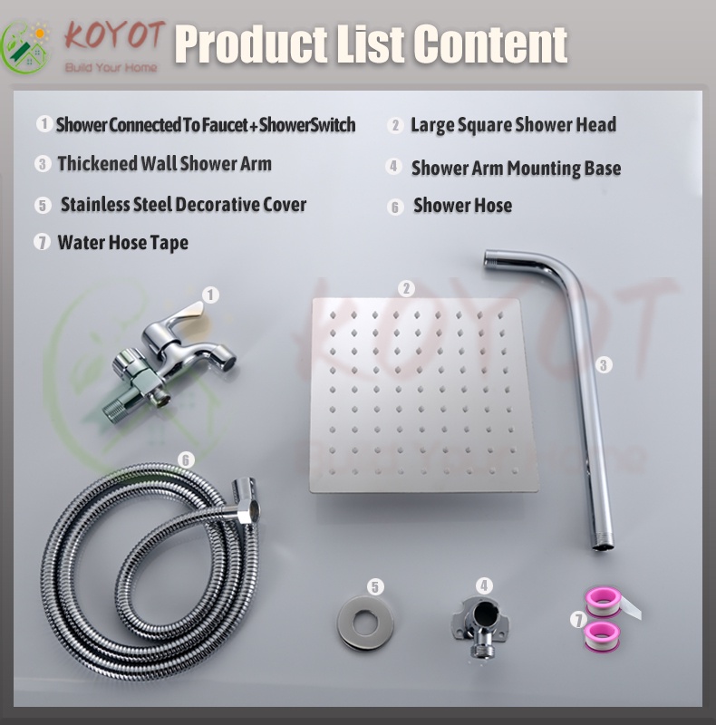 Koyot Stainless Steel Bathroom Square Rain Shower Set With In