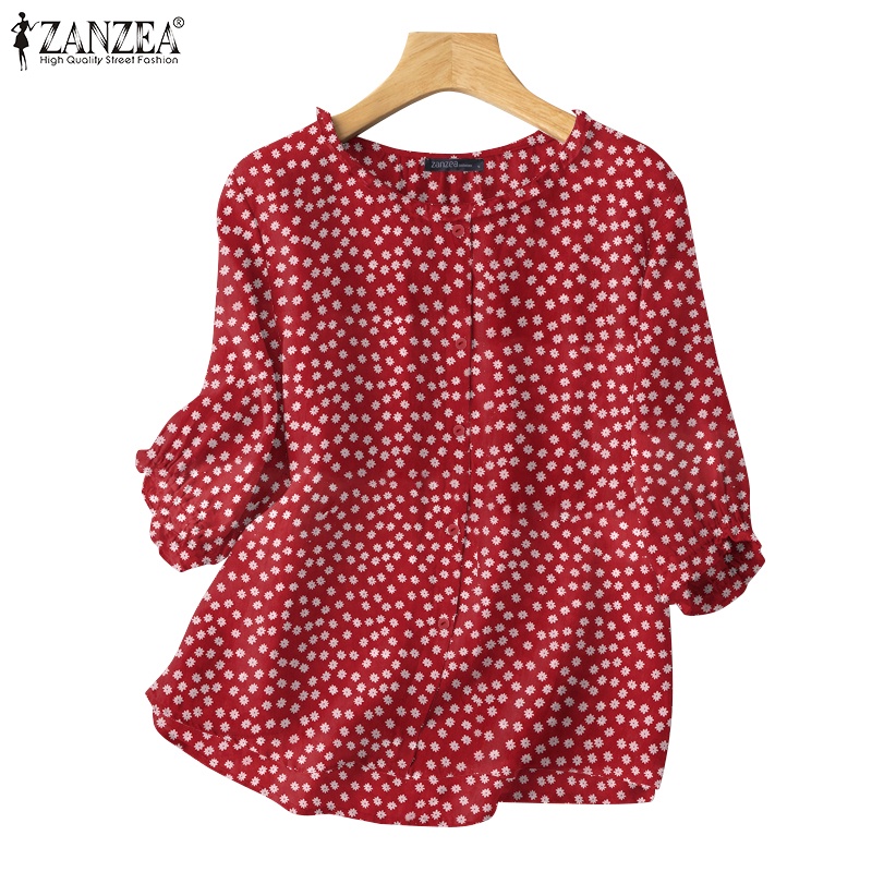 ZANZEA Women Loose Casual Floral Printed Ruffles Crew Neck Blouses