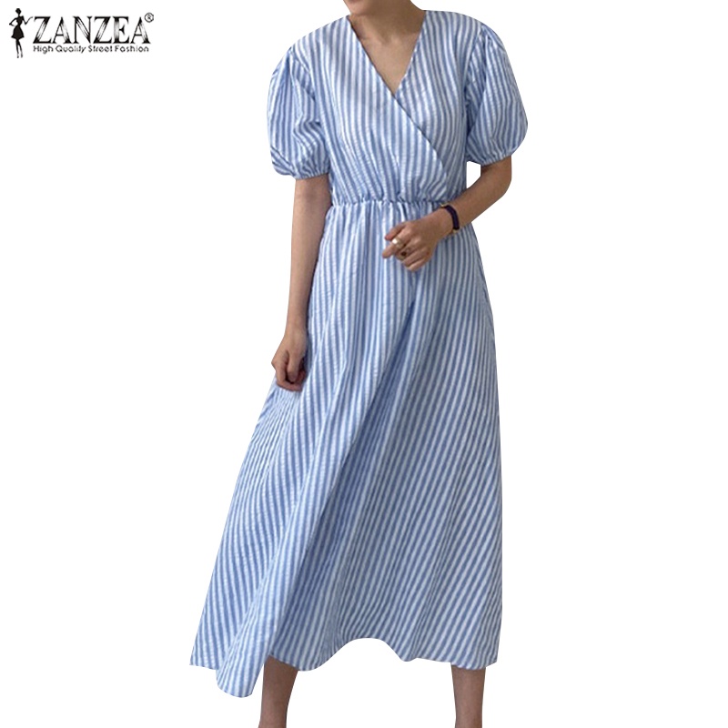 Zanzea Summer Women V Neck Wrap Holiday Stripe Puff Sleeve Midi Dress