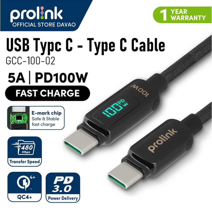 Prolink Fast Charging USB Type C To C 100W Data Transfer PD Cable Nylon