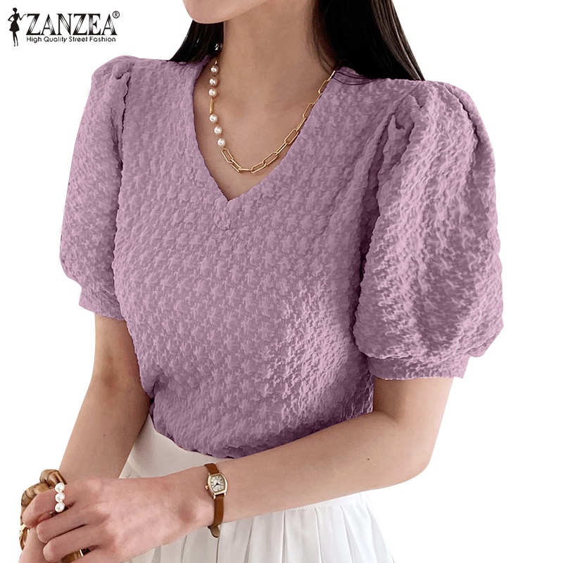 Zanzea Women V Neck Puff Sleeve Elegant Fashion Summer Textured Fabric