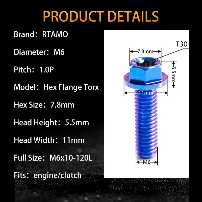 RTAMO Titanium Gr5 M6x10 15 20 25 30 35 40 45 120L Crankcase Rad Brake