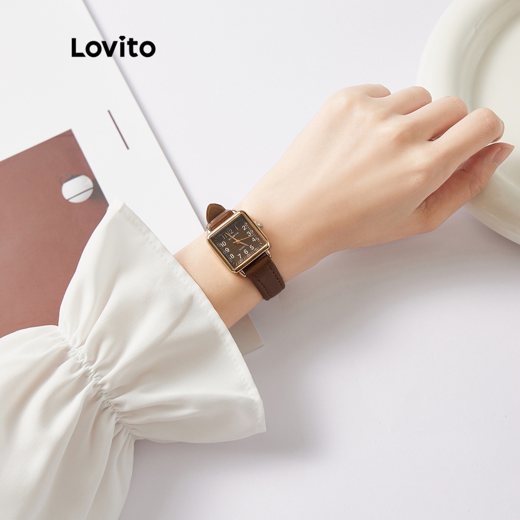 Lovito Casual Plain Square Shape Dial Smooth Pu Leather Strap Light