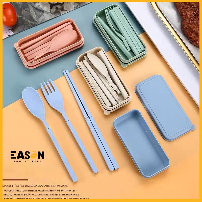 Eason3pcs Set Reusable Folding Wheat Straw Chopstick Spoon Fork Cutlery