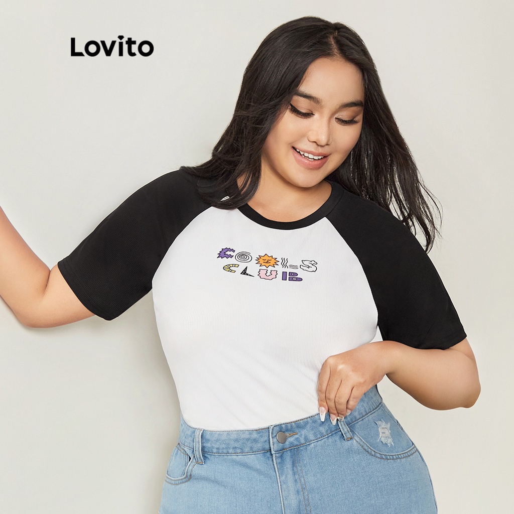 Lovito Plus Size Curve Casual Letter Colorblock Women T Shirt Lps