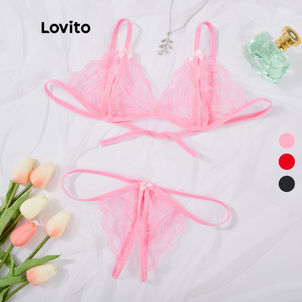 Lovito Sexy Plain Bow Lace Cut Out Bra Pads Not Included Lingerie Set