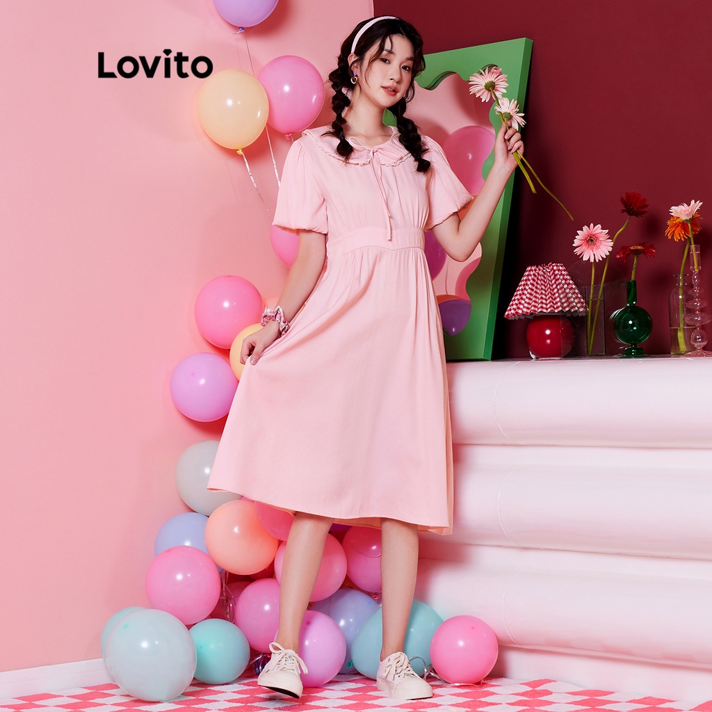 Lovito Exclusive Dopamine Girls Preppy Plain Lace Up Peter Pan Collar