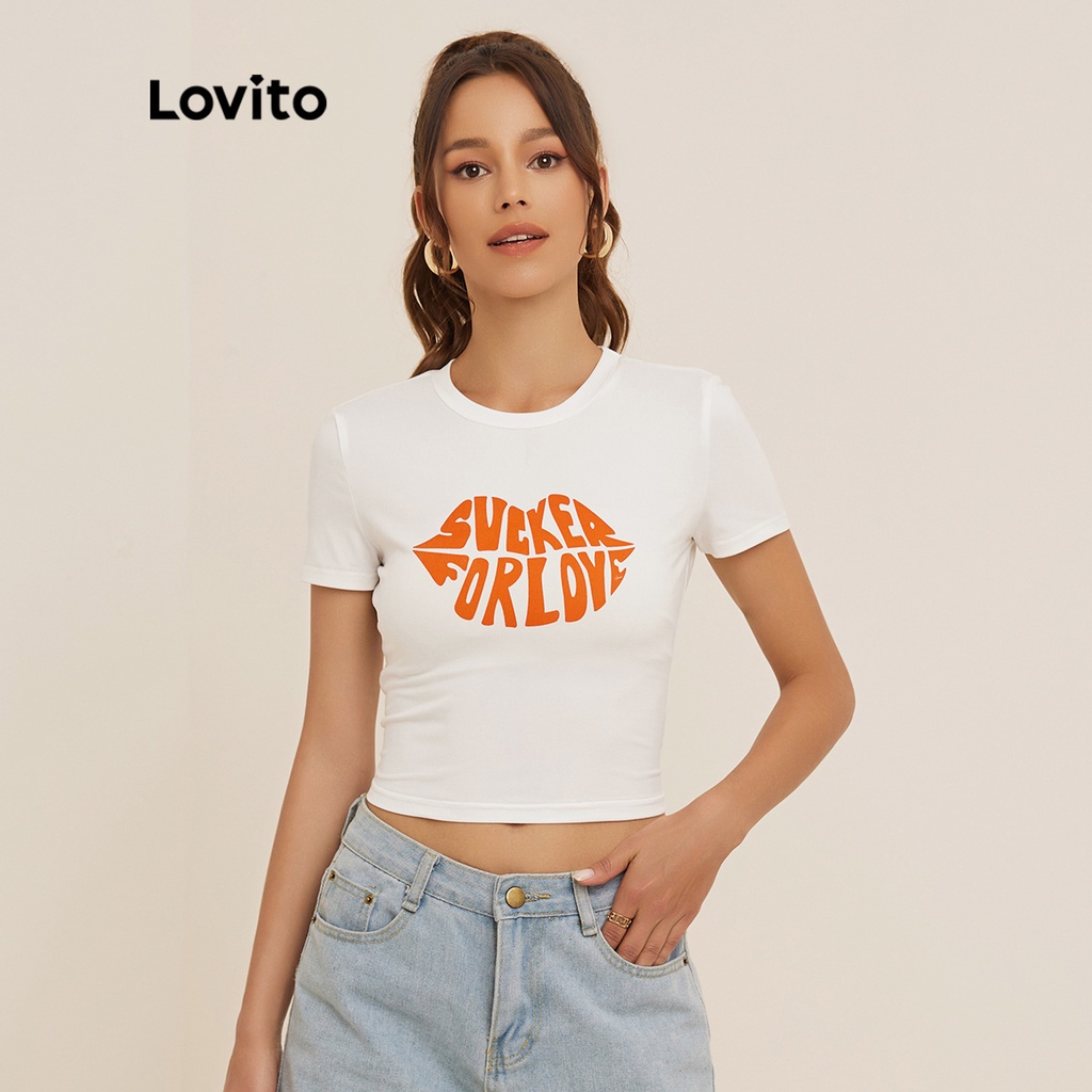 Ready Stock Lovito Casual Letter Round Neck Letter T Shirts L19D230