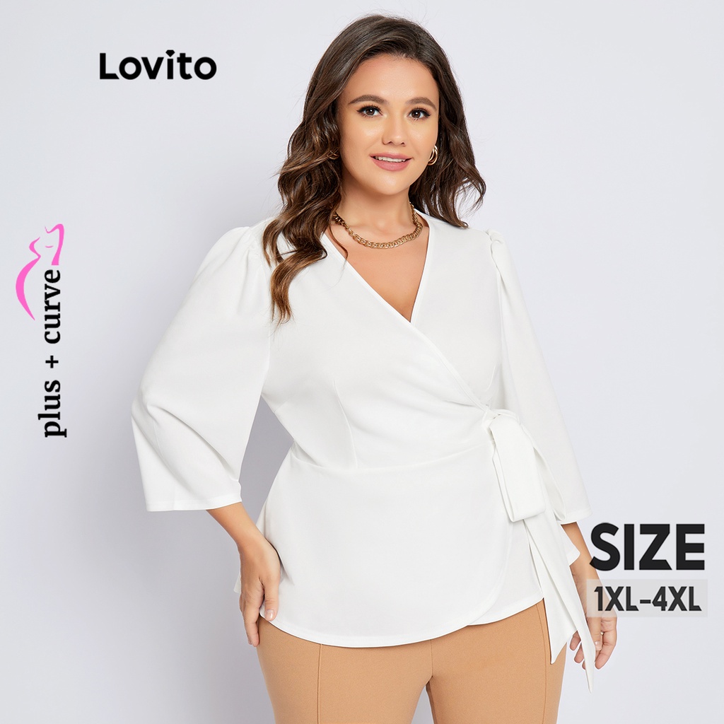 Lovito Plus Size Curve Elegant Plain Wrap Belted Blouse LPS02014 White