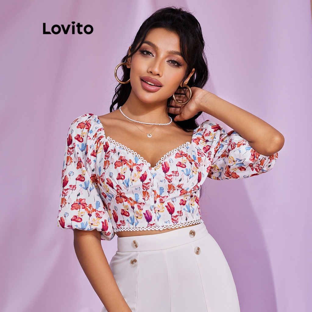 Lovito Exclusive STIPPLING WORLD Elegant Floral Ruffle Neck Puff