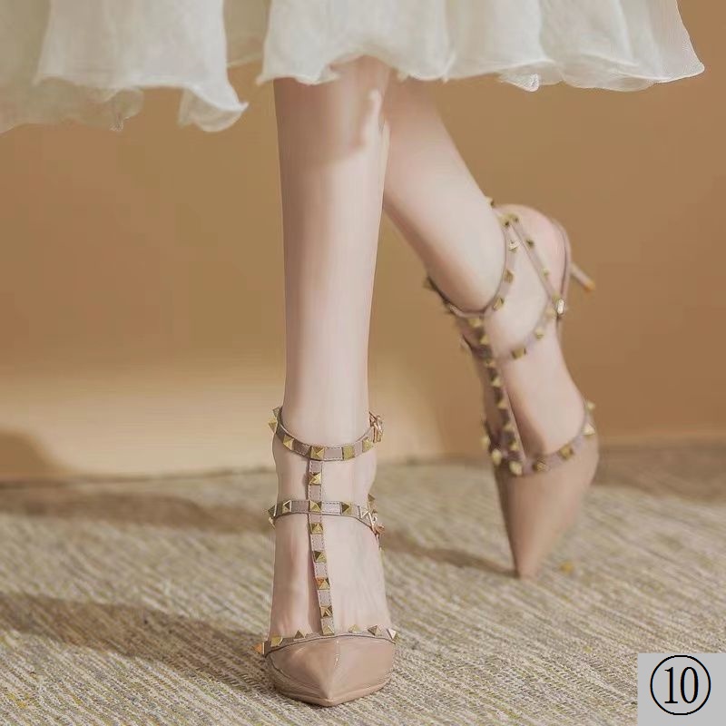 Pointed Toe Versatile Rivets Nude High Heels Women Stiletto Heel