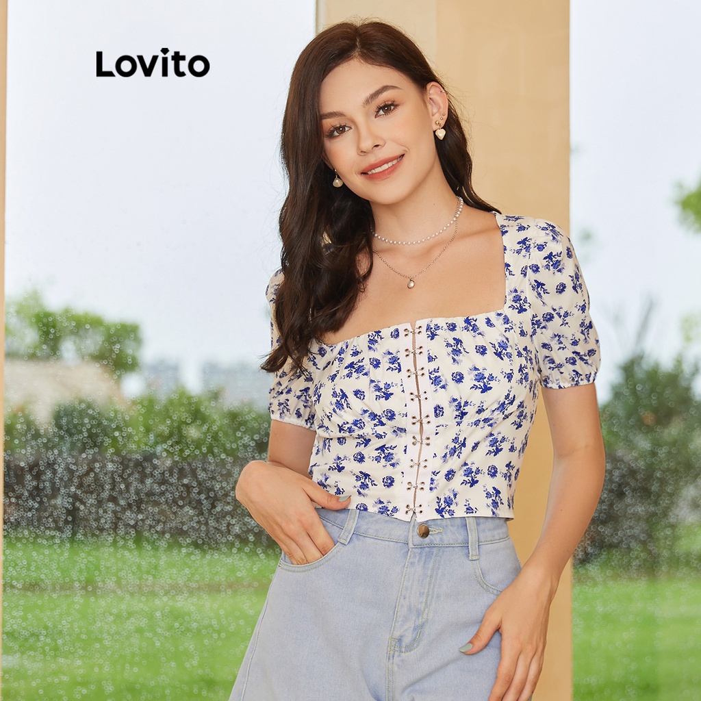 Lovito Boho Ditsy Floral Criss Cross Square Neck Blouses L24ED137 Blue