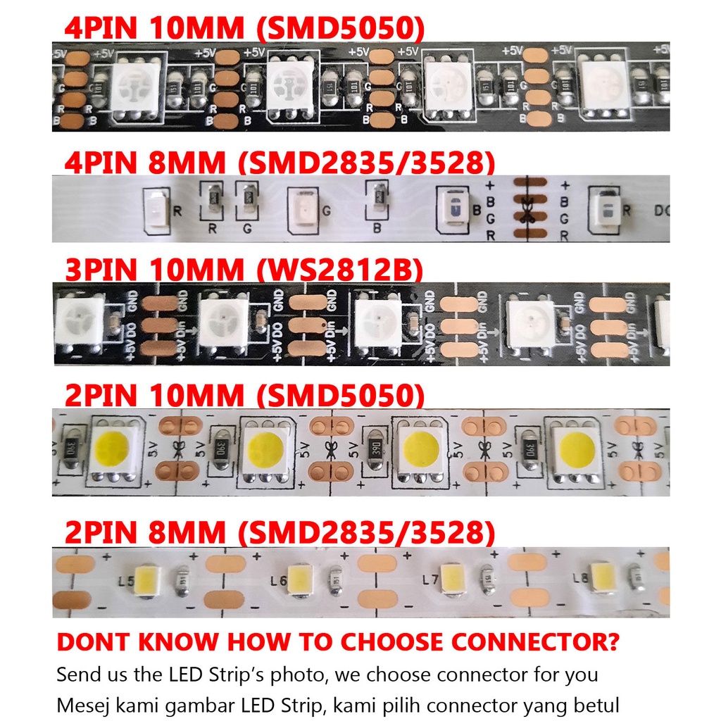 2 Pin 3 Pin 4 Pin 5 Pin 6 Pin LED Strip Connector 8MM 10MM 12MM T L