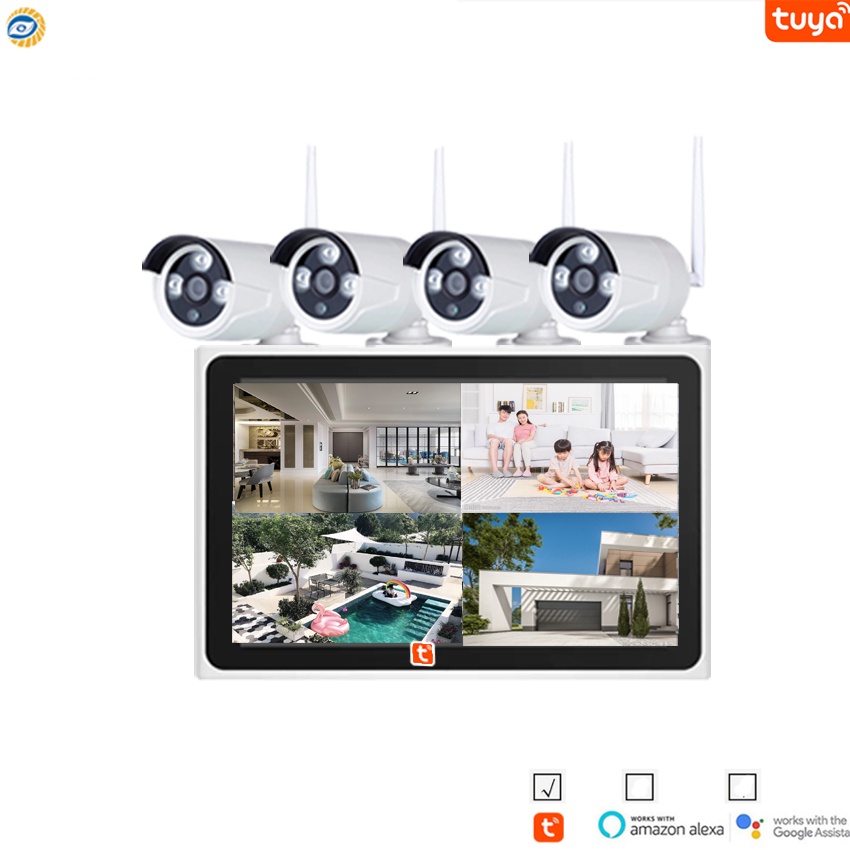 Tuya 4CH NVR Kits 10.0 inch 2 in 1 LCD WiFi NVR 4pcs Outdoor IP WiFi ...