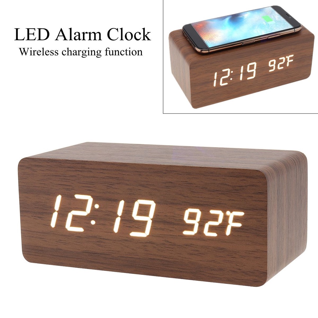 Digital Alarm Clock Wooden Wireless Charger LED Desk Alarm Clock Time Temperatur Shopee