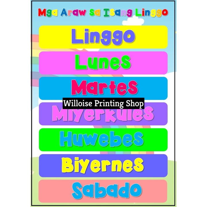 Laminated Educational Chart A4 Size Mga Araw Sa Isang 4193