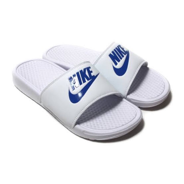 nike benassi slides blue and white