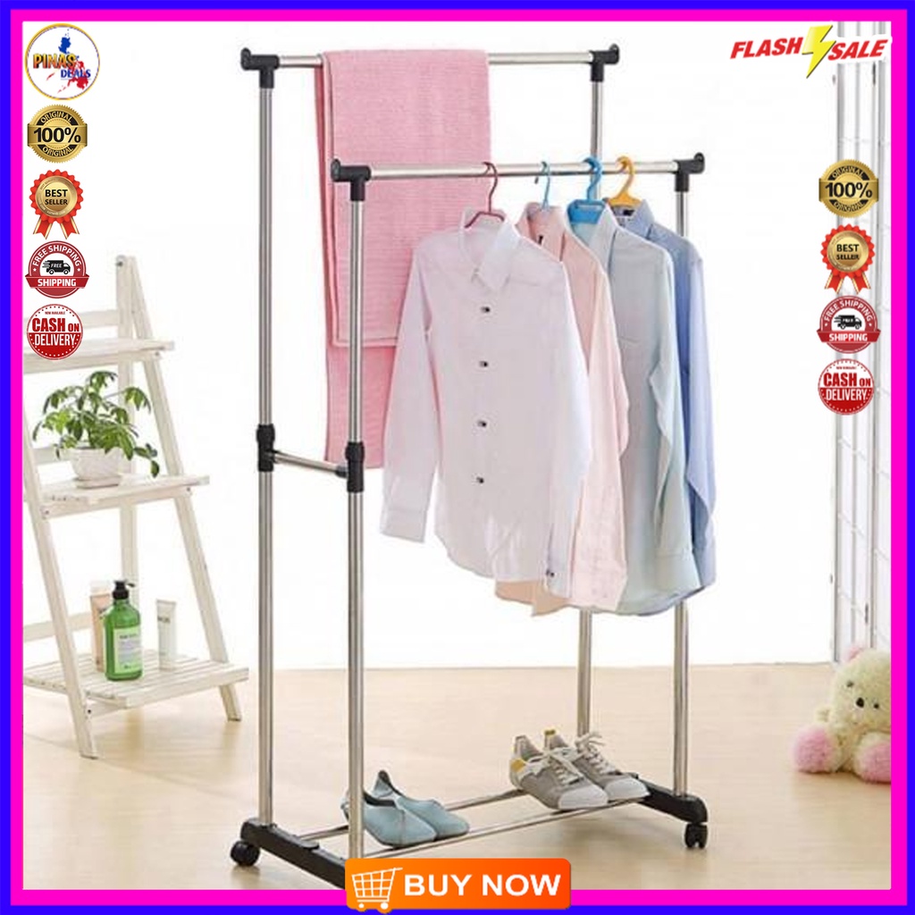 Double Rail Double Adjustable Height Garment Clothes Dress Coats Jackets Hanging Rail Rack Storage Display Stand on Castor Wheels with Shoe Shelf 