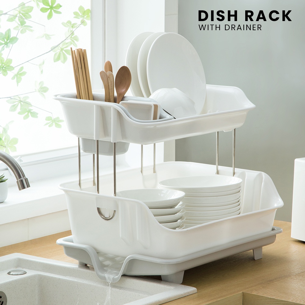 LOCAUPIN 2 Tier Dish Drainer Plate Rack with Drain Board Utensil Holder