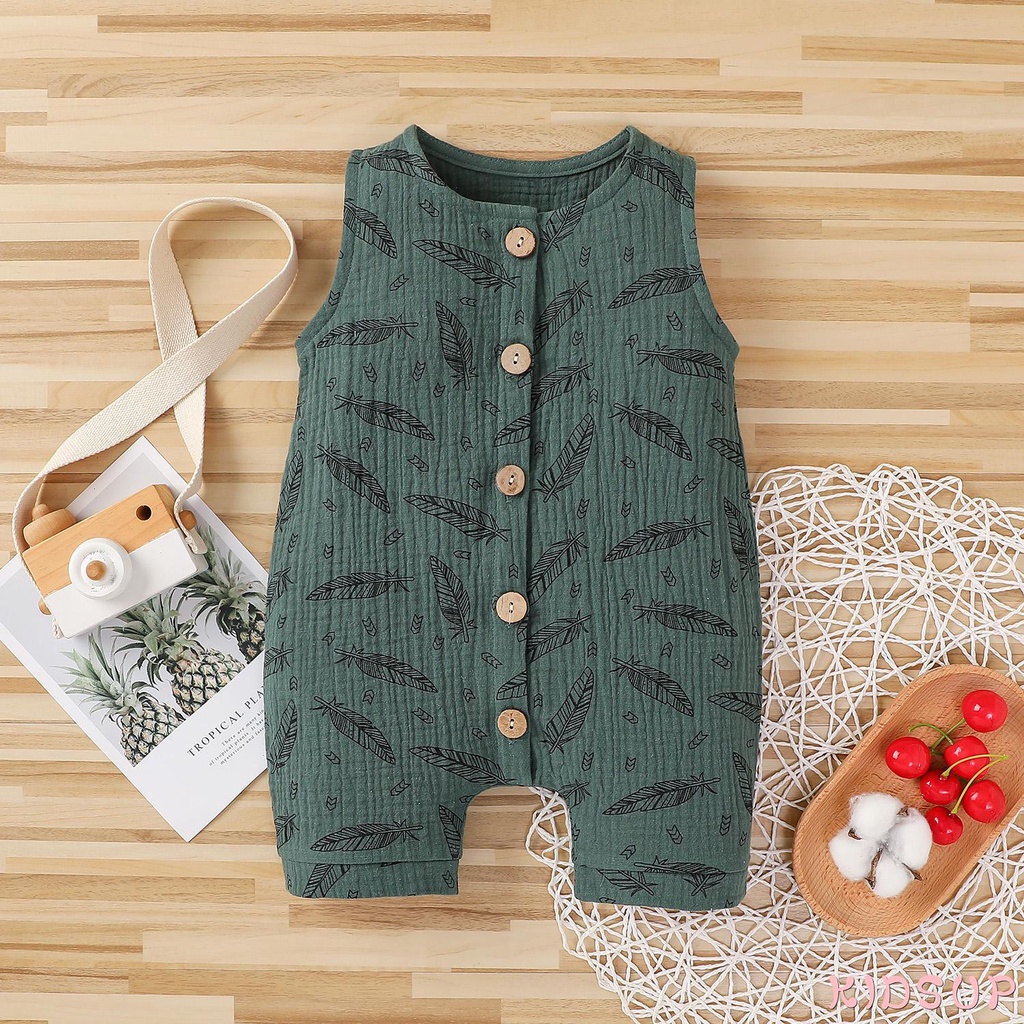 KIDSUP1-Kids Boys Girls Fashion Feather Print Romper Stylish Sleeveless Romper