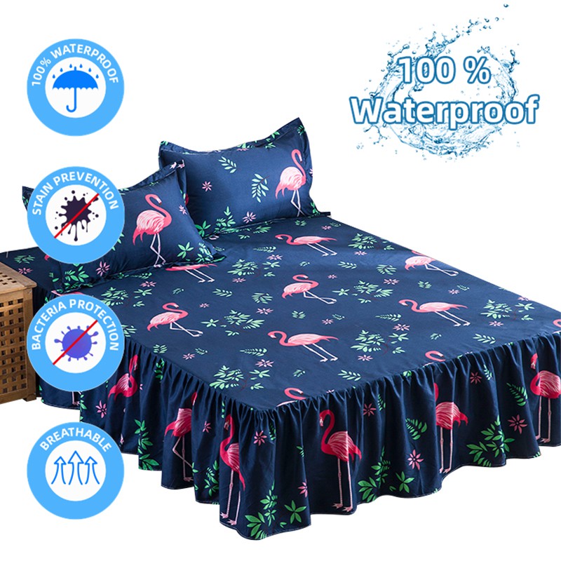 Waterproof Bed Skirt Flamingo Bedsheet, Teal Queen Size Bed Skirt