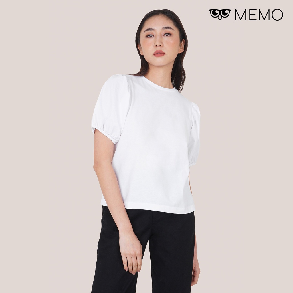 Memo Puff Sleeve T-Shirt For Women (White) | Shopee Philippines